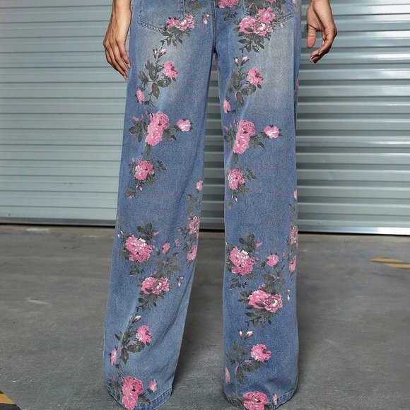 Blue Vintage Womens Floral Print Slant Pocket Straight Leg Jeans - Picture 3 of 5